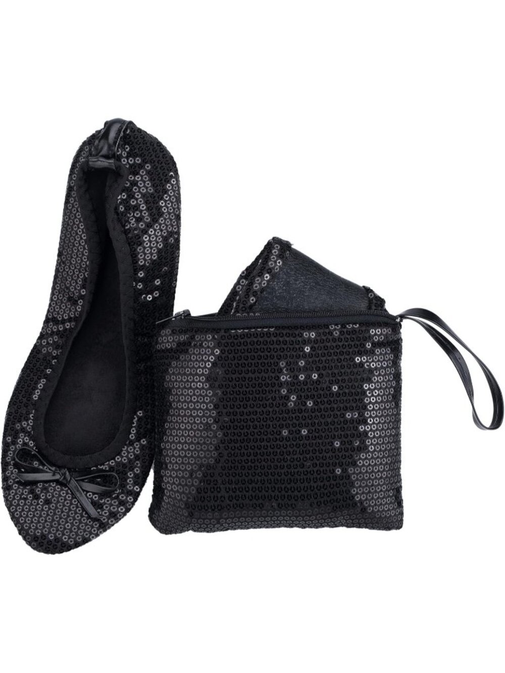 Women's Black Sequin Fit in Your Purse Round Toe Foldable Ballet Flat Shoes